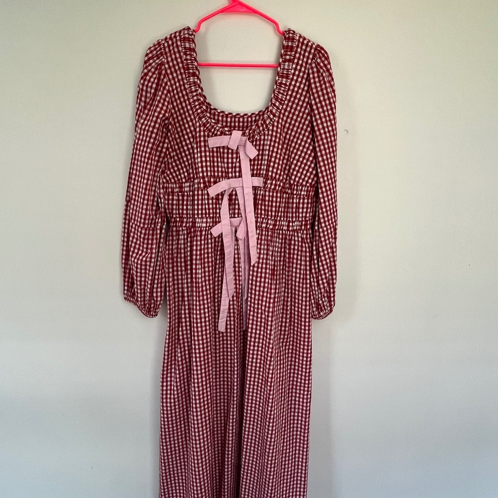 Elegant Red Gingham Dress with Bow Detail